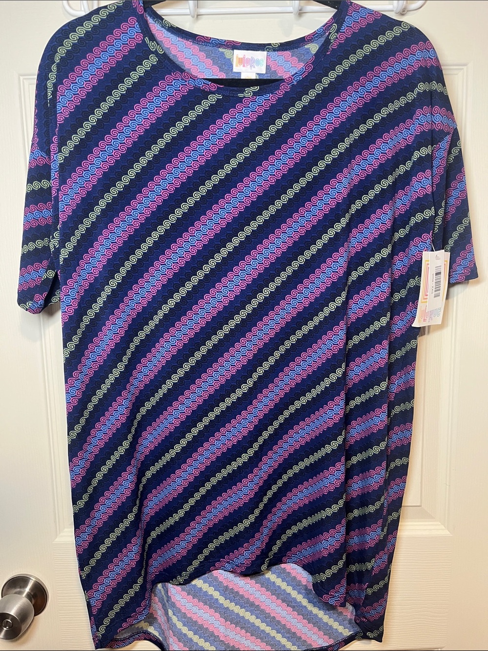 LuLaRoe Women's Navy Irma Tunic with Blue Purple & Lime Diagonal Waves